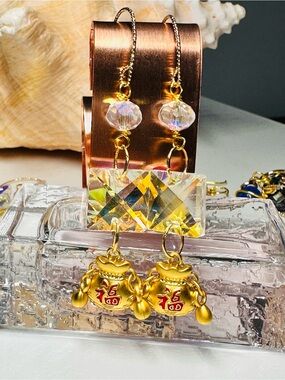 AB Crystal Drop Earrings with gold pot lucky charm